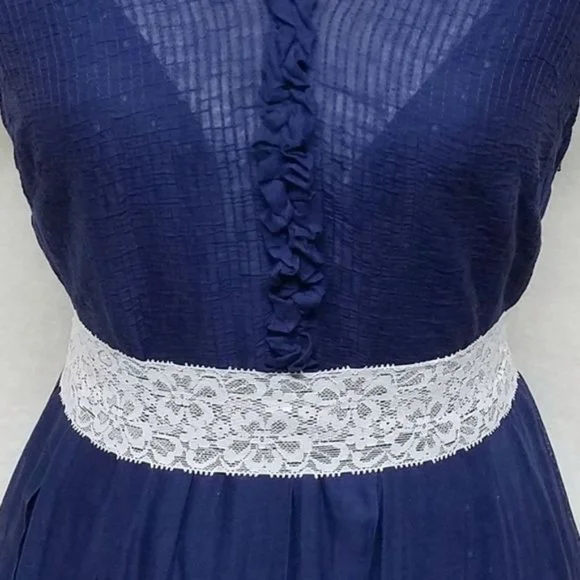 Rare Vintage 40s Glass Original Blue Ruffle Cotton Voile Tie-Waist A-line Dress - Picture 6 of 11